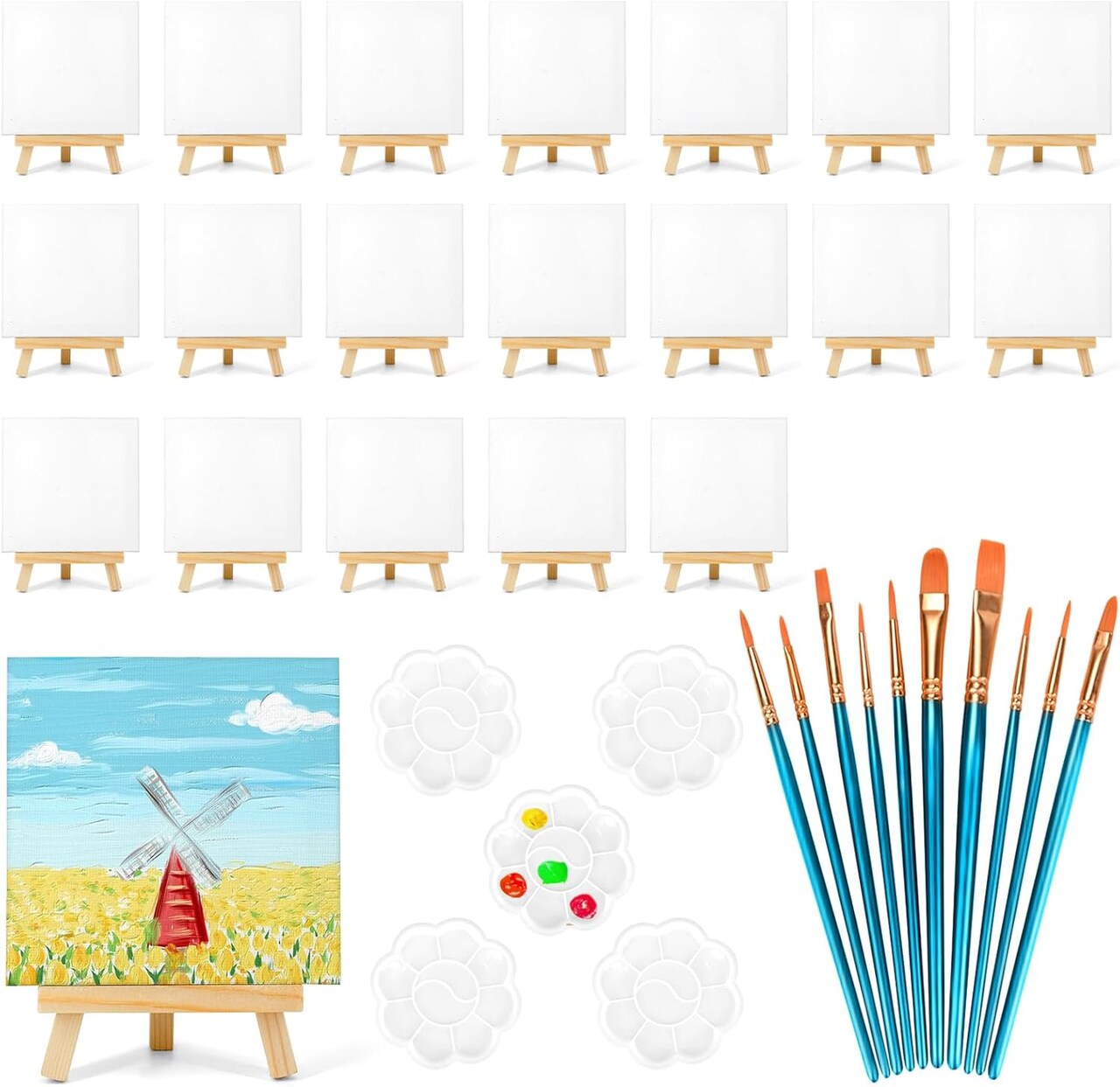 20 Pack Mini Canvases, 6x6in Small Painting Canvas Panel with Mini Easel, Art Canvas Painting Kit with 10 Brushes & 5 Paint Tray for Kids Teenagers Acrylic Pouring Oil Water Color Gift